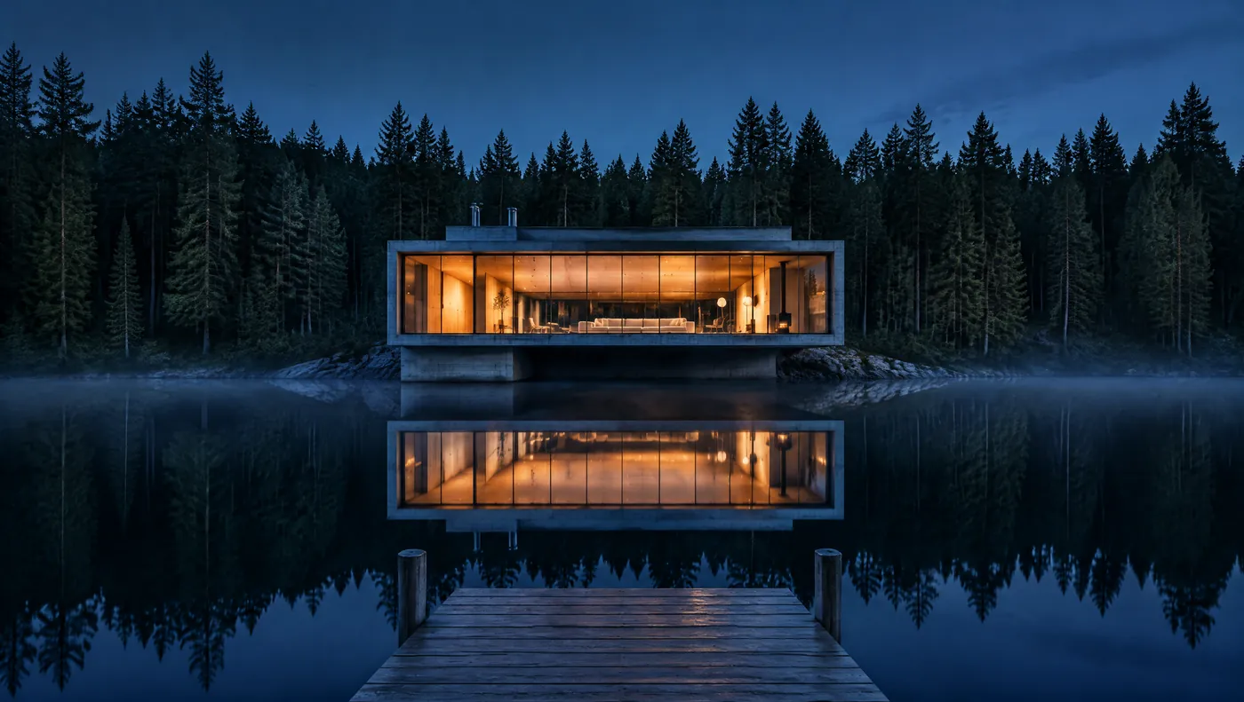 Maison en béton et verre avançant sur un lac au crépuscule