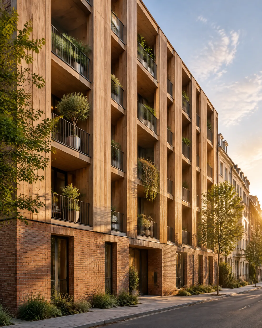Façade de logements à lames de chêne verticales