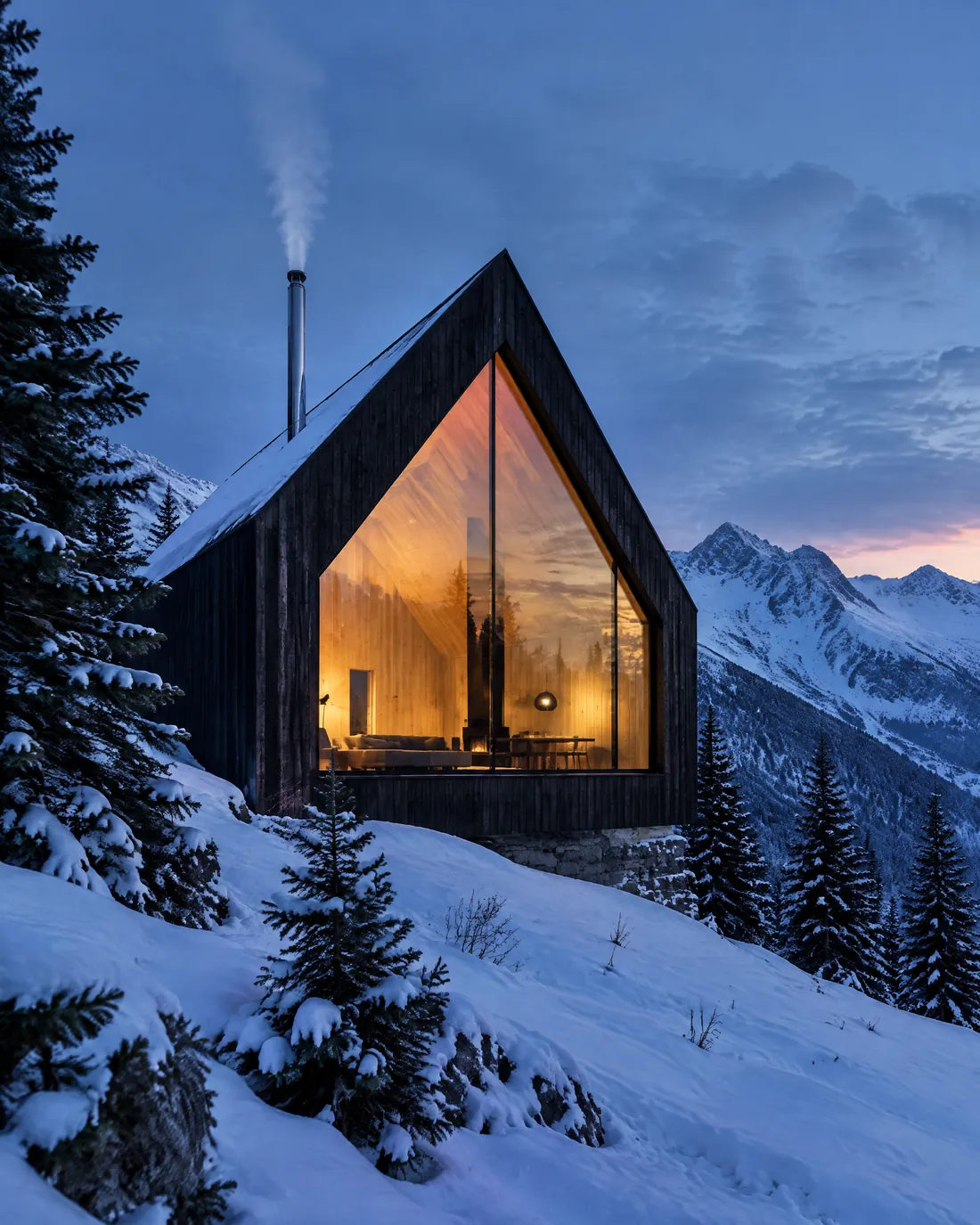 Chalet en bois brûlé avec une grande baie triangulaire dans la neige