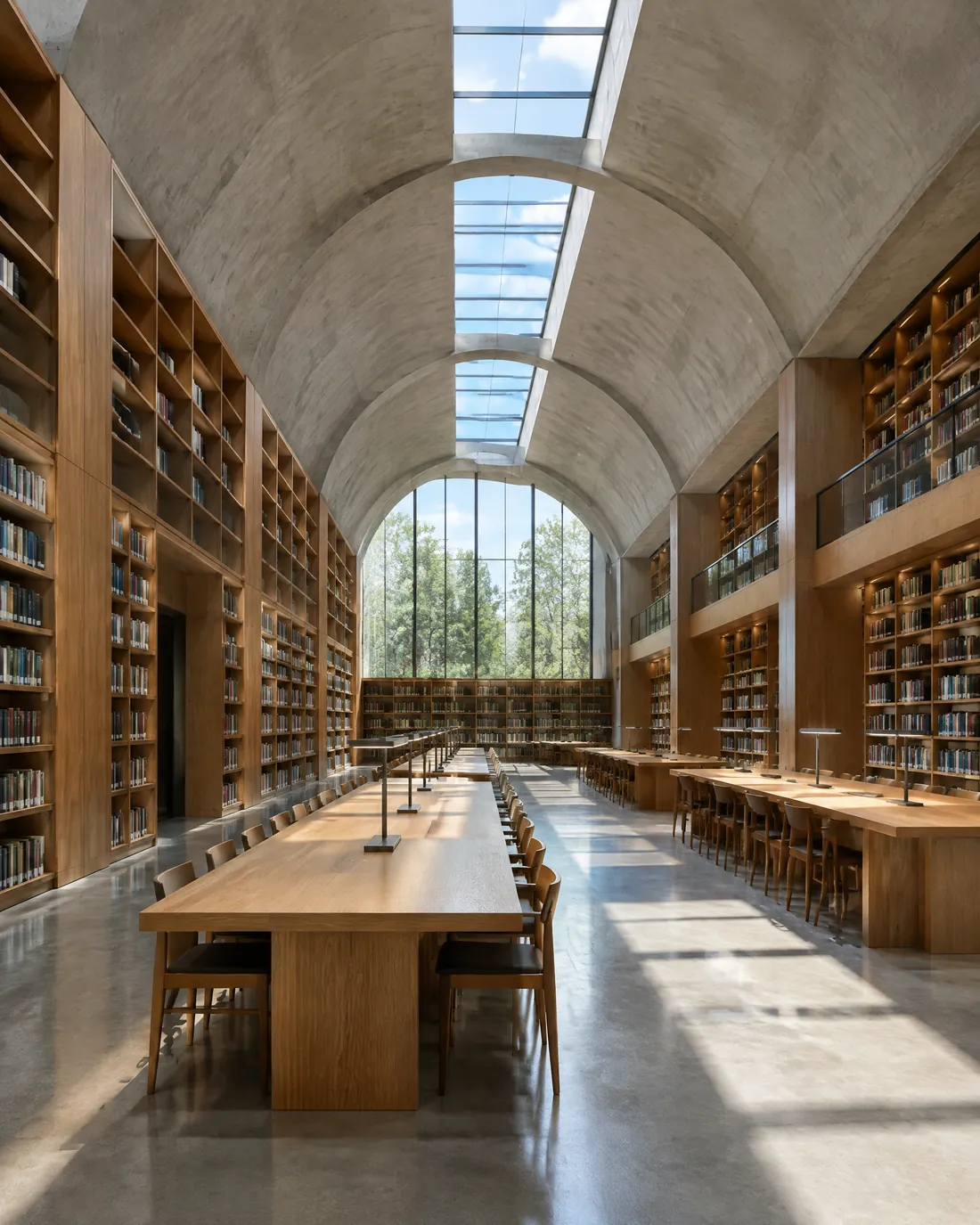 Salle de lecture voûtée en béton éclairée par des puits de lumière
